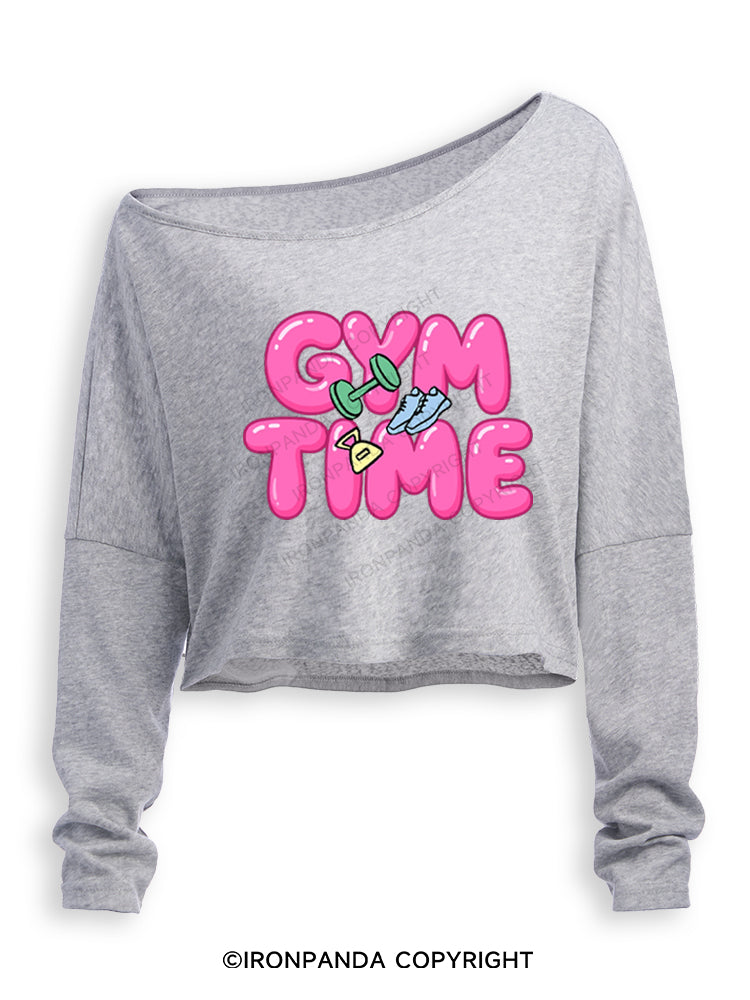 Gym Time Pink Bubble Off Shoulder Long Sleeve Crop Top