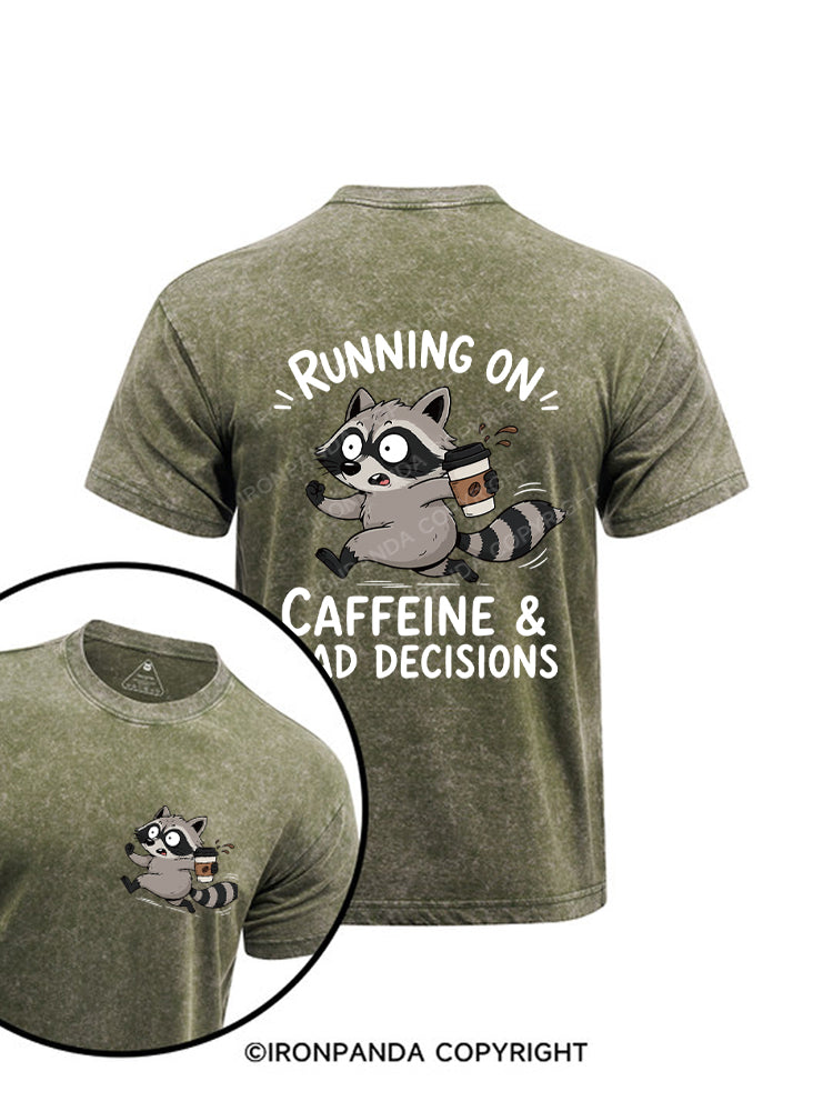 Running On Caffeine And Bad Decisions Funny Raccoon Printed Washed Gym Shirt
