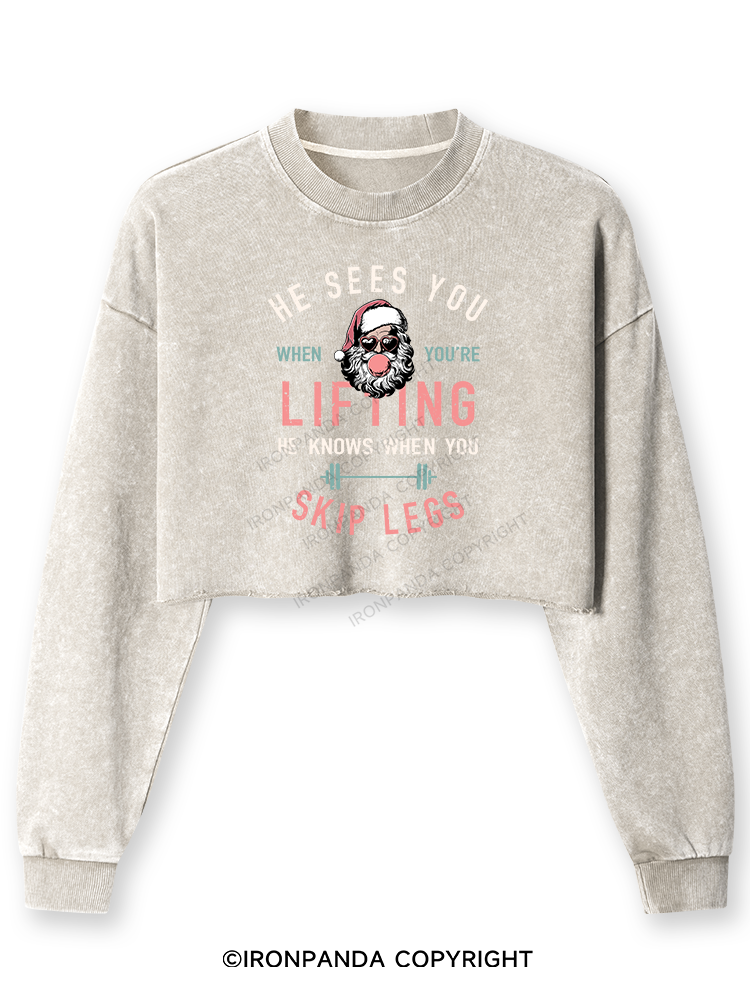 HE SEES YOU WHEN YOU'RE LIFTING Washed Long-Sleeve Crop Top