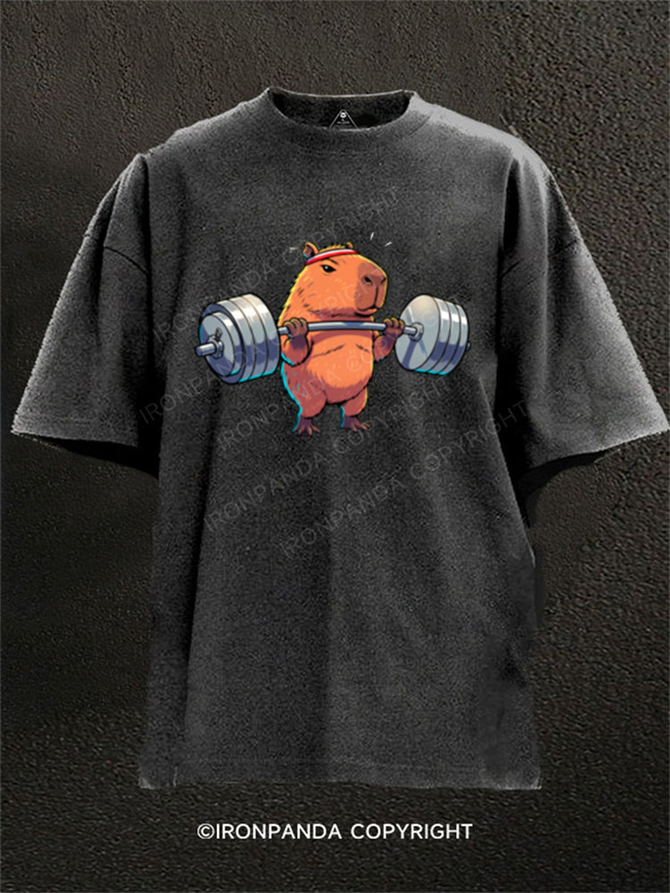 Capybara Weightlifting Funny Gym Workout Washed Gym Shirt