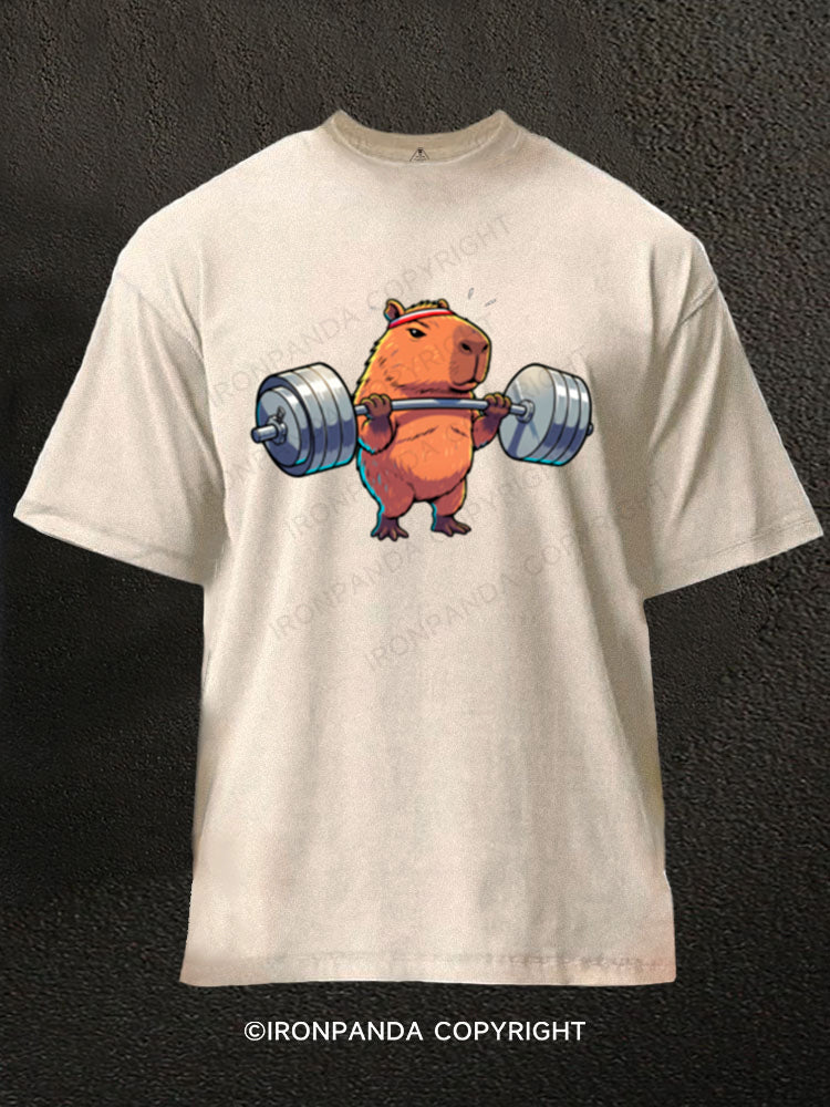 Capybara Weightlifting Funny Gym Workout Washed Gym Shirt