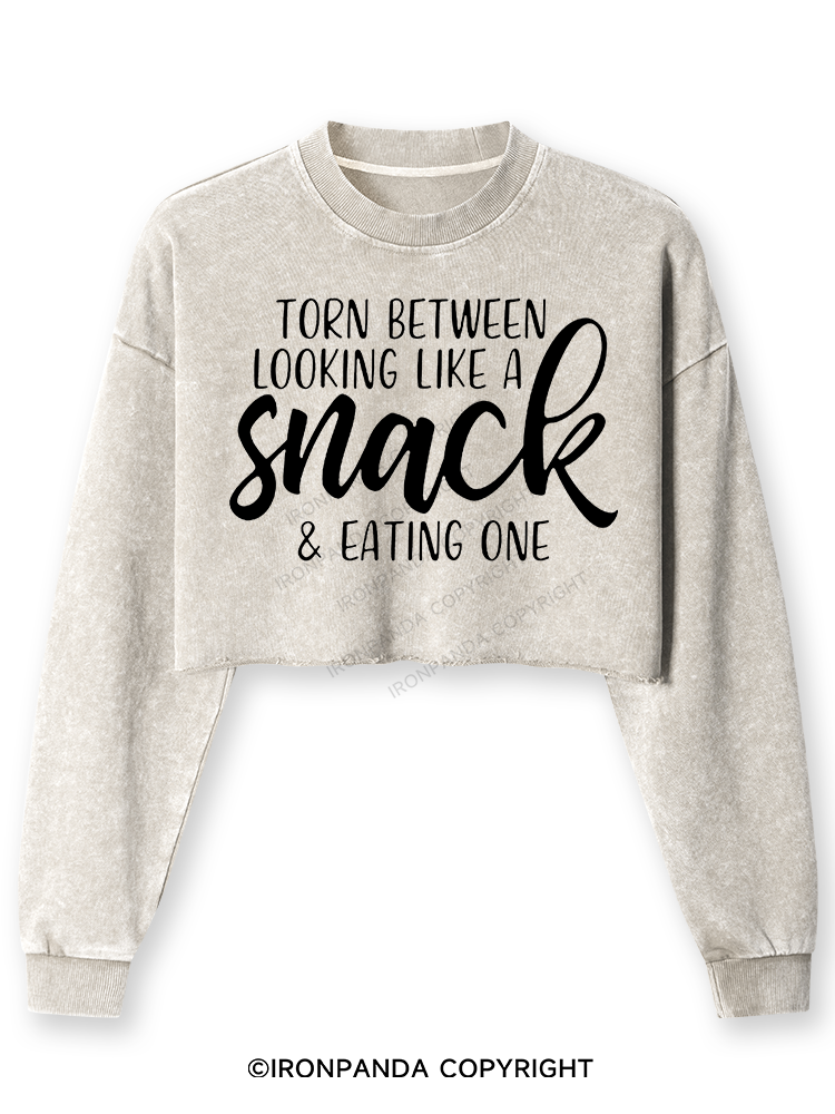 TORN BETWEEN A SNACK AND EAT ONE Washed Long-Sleeve Crop Top