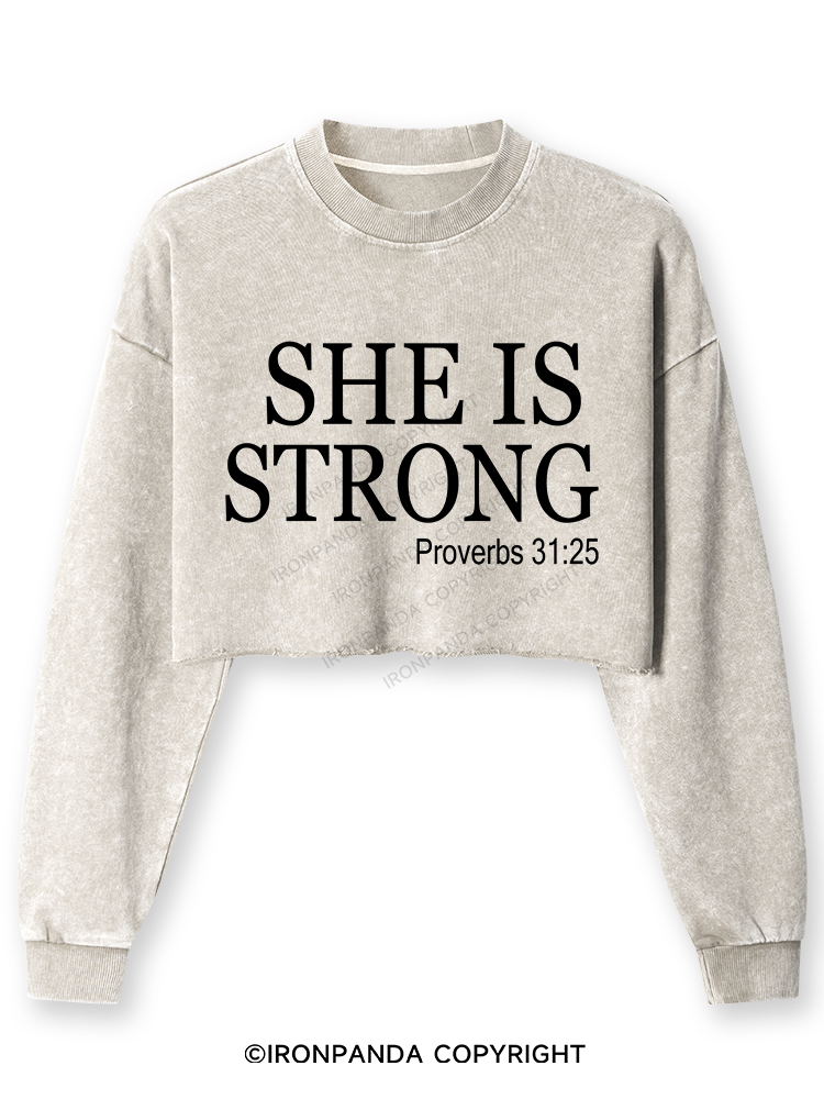 She is Strong Washed Long-Sleeve Crop Top