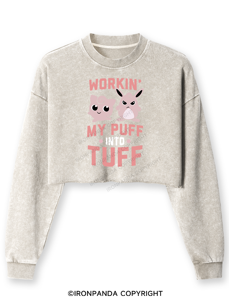 WORKIN MY PUFF INTO TUFF Washed Long-Sleeve Crop Top