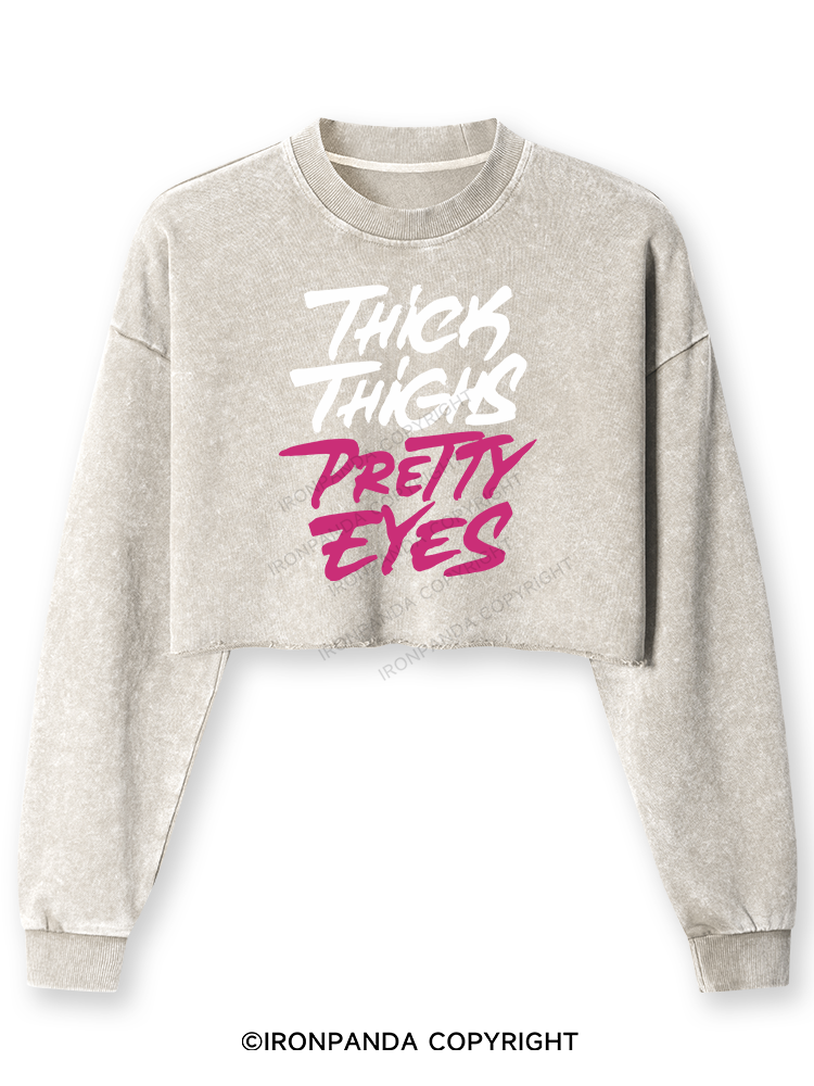 THICK THIGHS PRETTY EYES Washed Long-Sleeve Crop Top