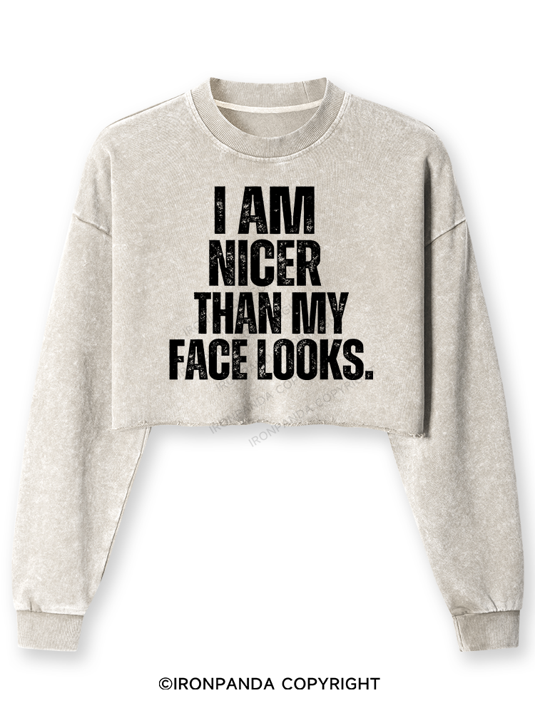 I'M NICER THAN MY FACE LOOKS Washed Long-Sleeve Crop Top