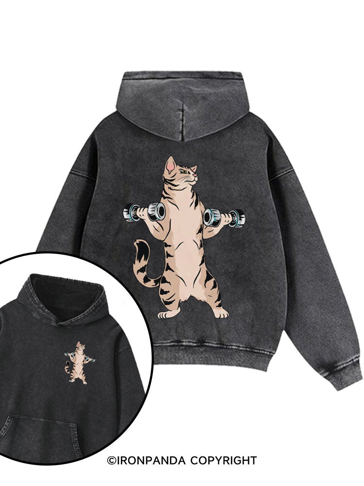 Weightlifting Cat Printed Washed Gym Hoodie