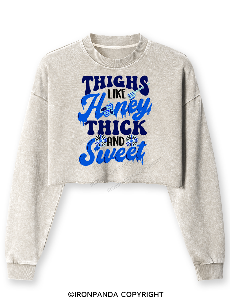 THIGHS LIKE HONEY THICK AND SWEET Washed Long-Sleeve Crop Top