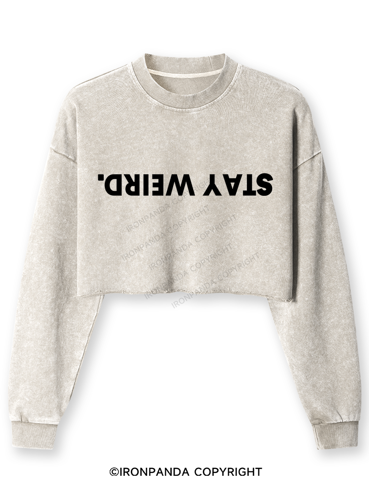 STAY WEIRD Washed Long-Sleeve Crop Top