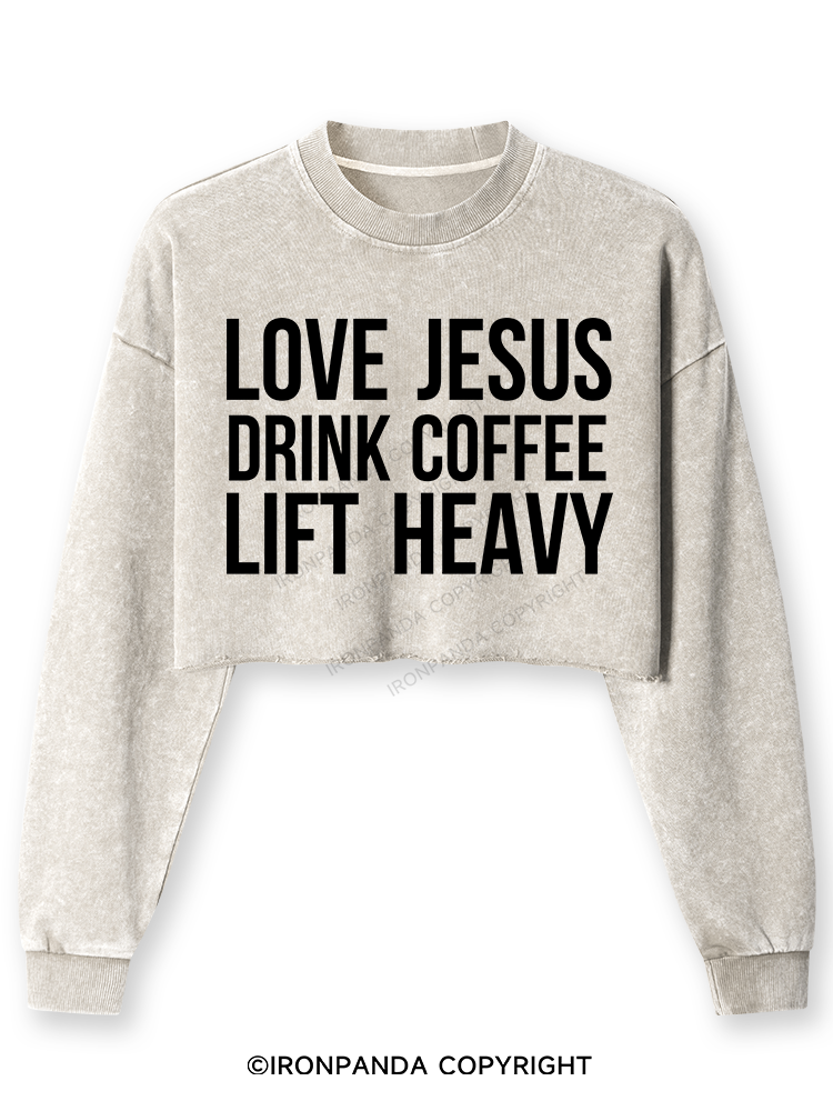 Love Jesus Drink Coffee Lift Heavy Washed Long-Sleeve Crop Top