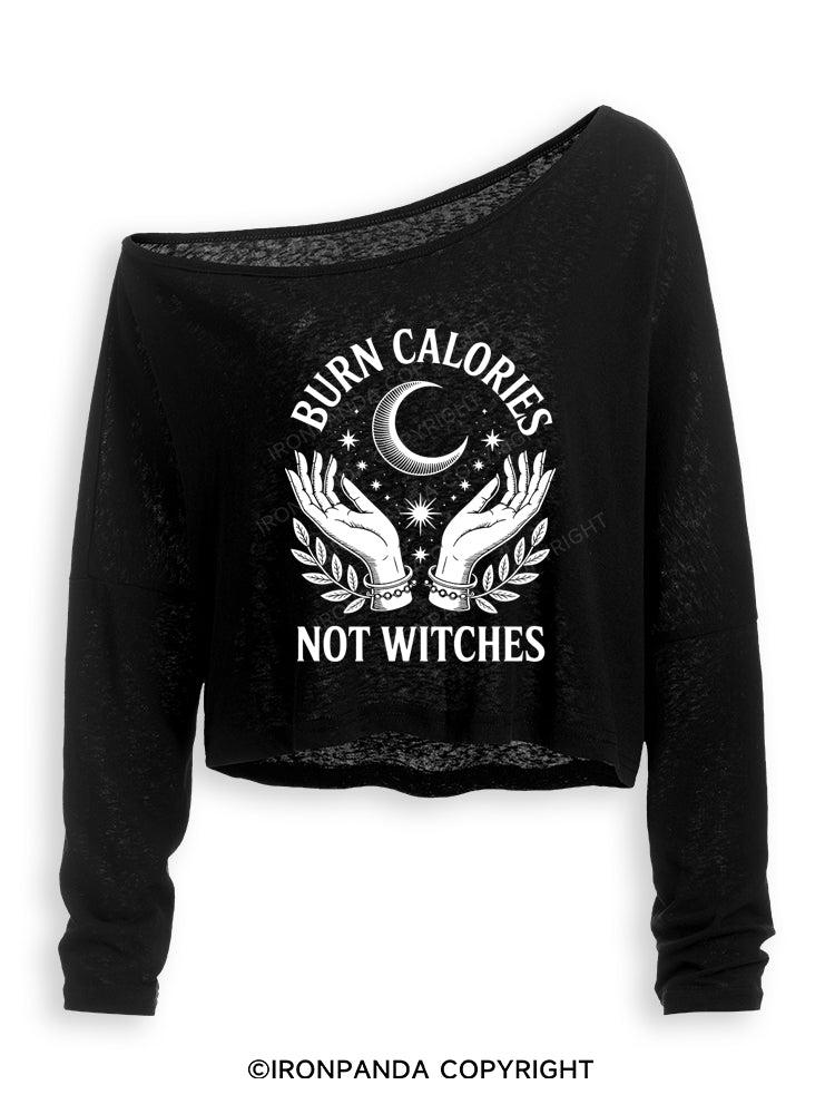 BURN CALORIES NOT WITCHES Off Shoulder Long Sleeve Crop Top