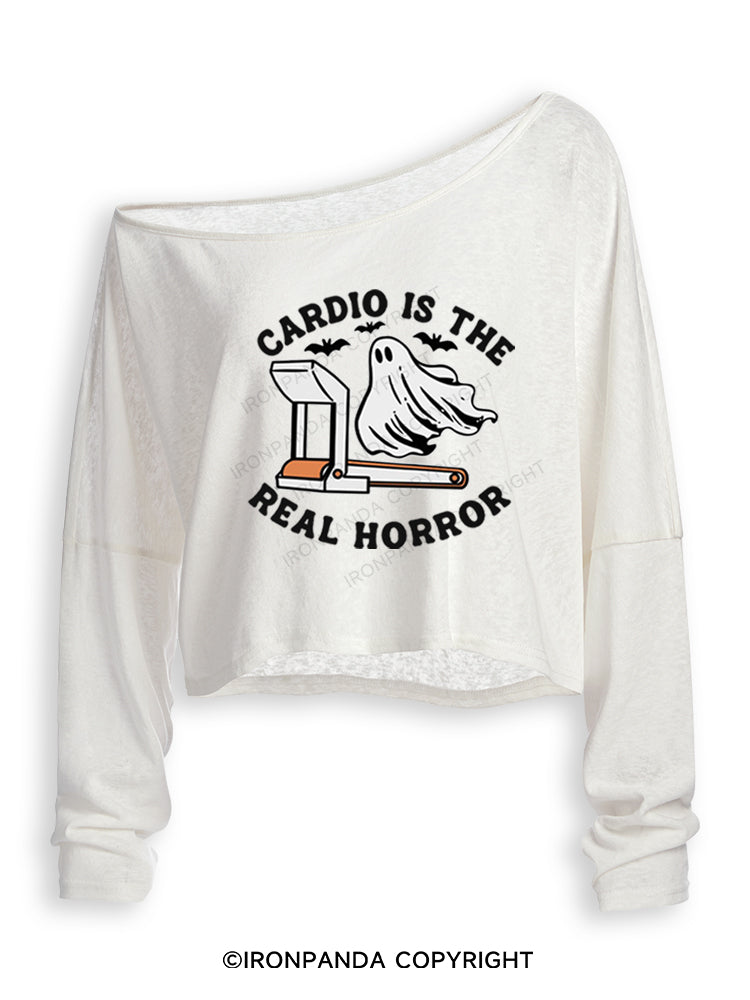 CARDIO IS THE REAL HORROR HALLOWEEN Off Shoulder Long Sleeve Crop Top