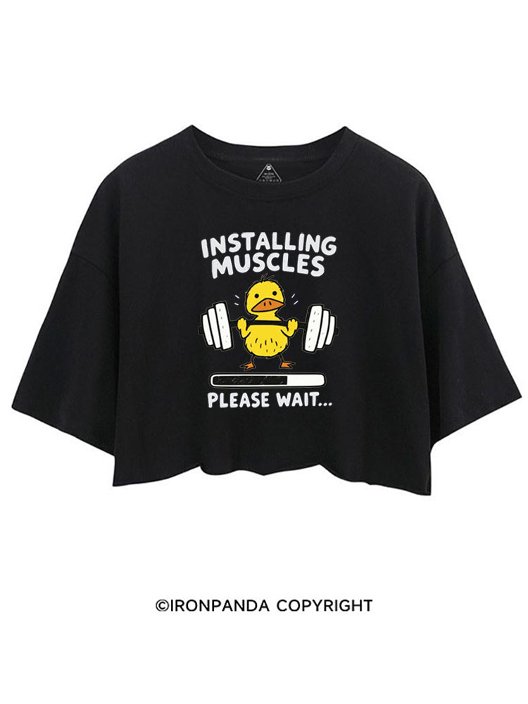 INSTALLING MUSCLES PLEASE WAIT WEIGHTLIFTING GYM DUCK CROP TOPS
