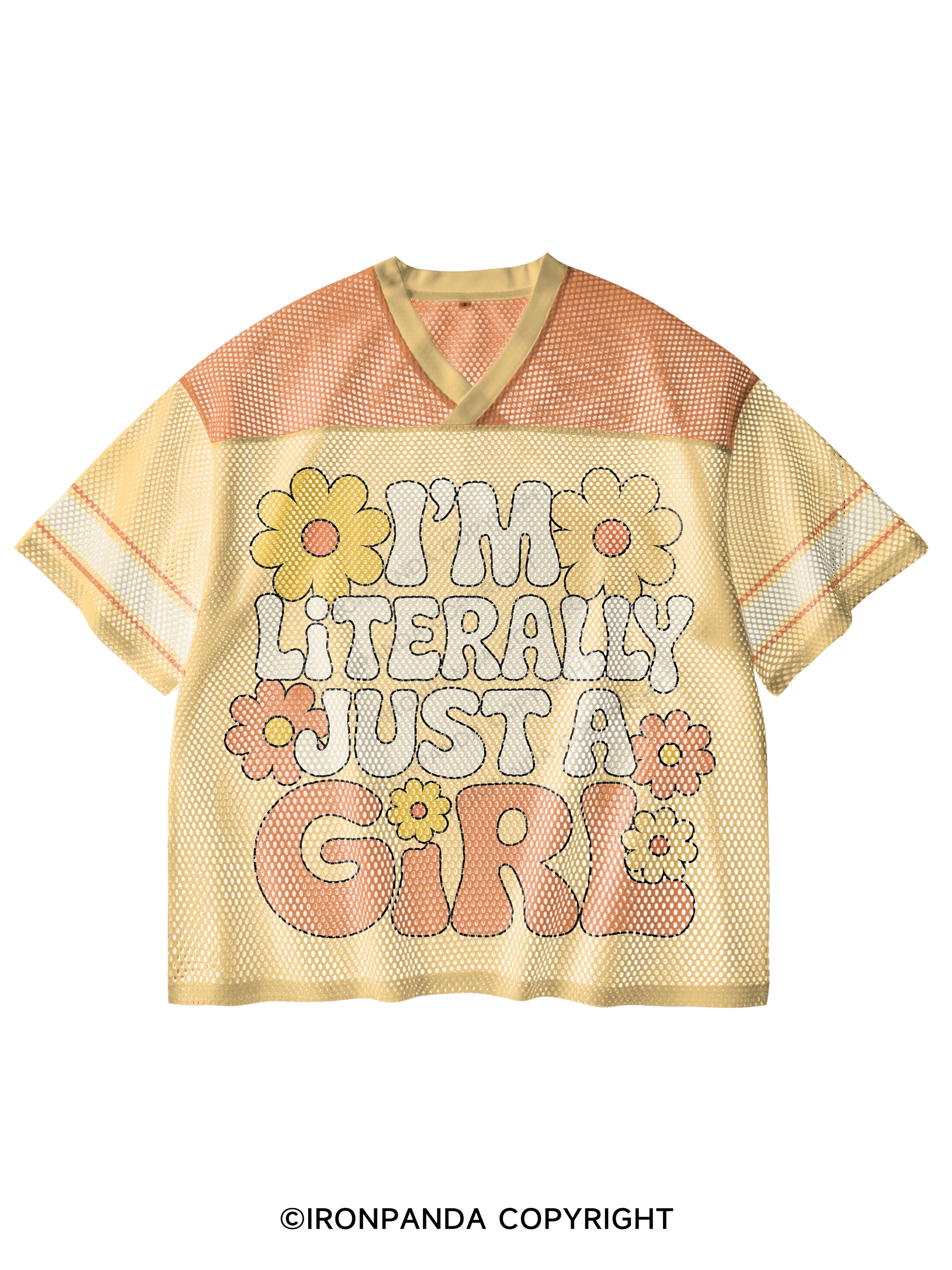 I'M LITERALLY JUST A GIRL FLOWER V-Neck Open Hole Mesh Top