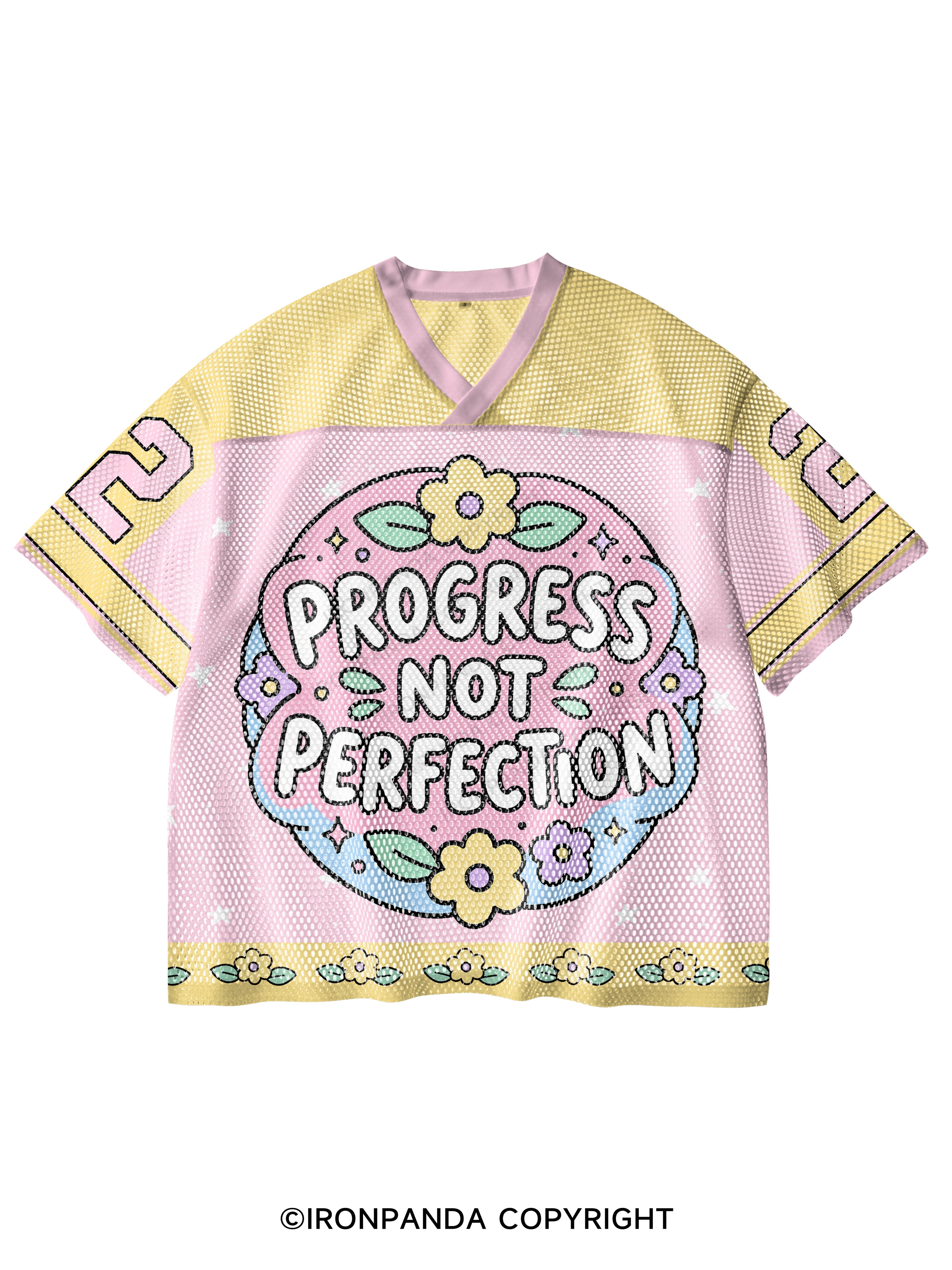 PROGRESS NOT PERFECTION V-Neck Open Hole Mesh Top