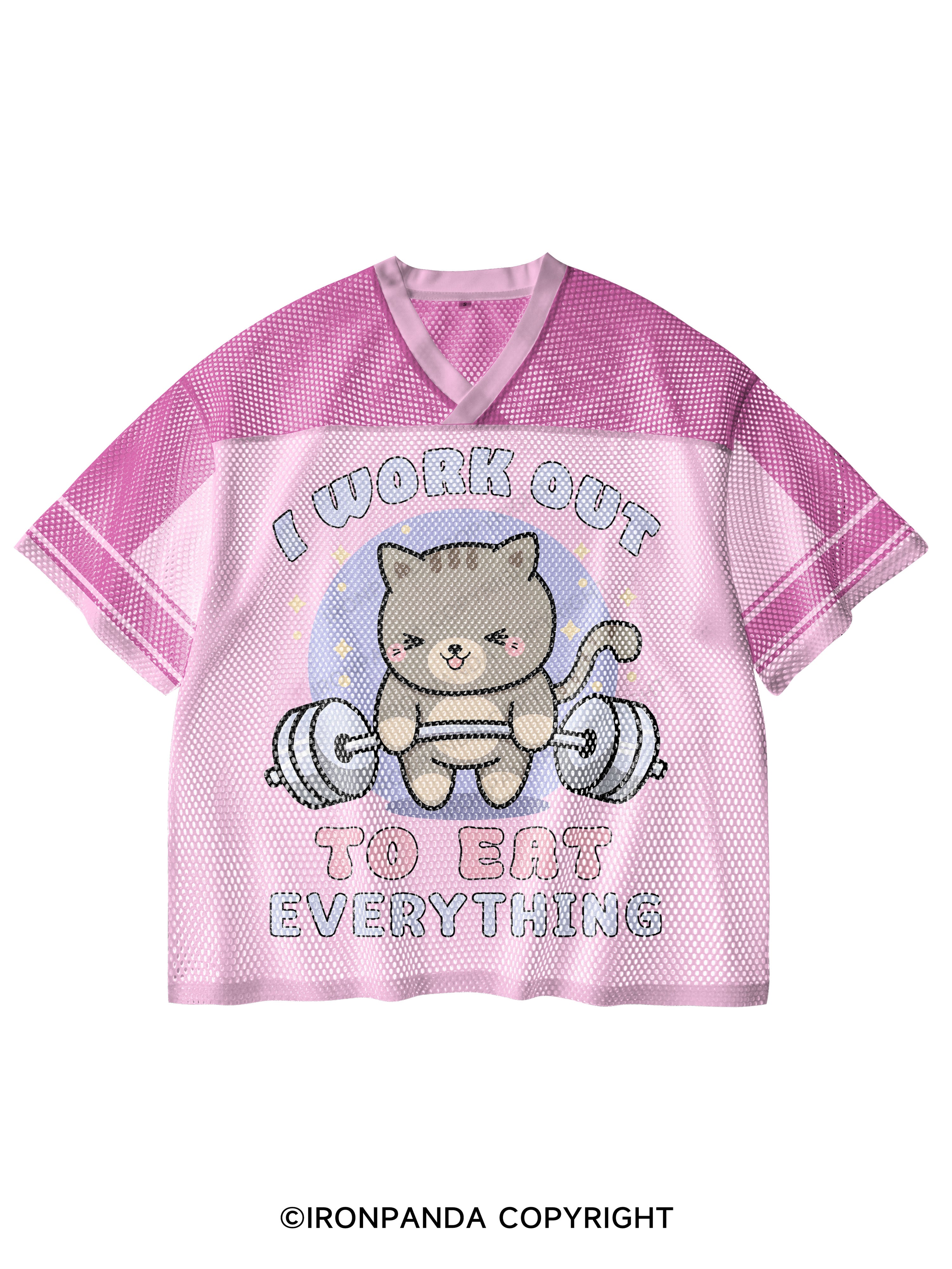 I WORK OUT TO EAT EVERYTHING CUTE CAT V-Neck Open Hole Mesh Top