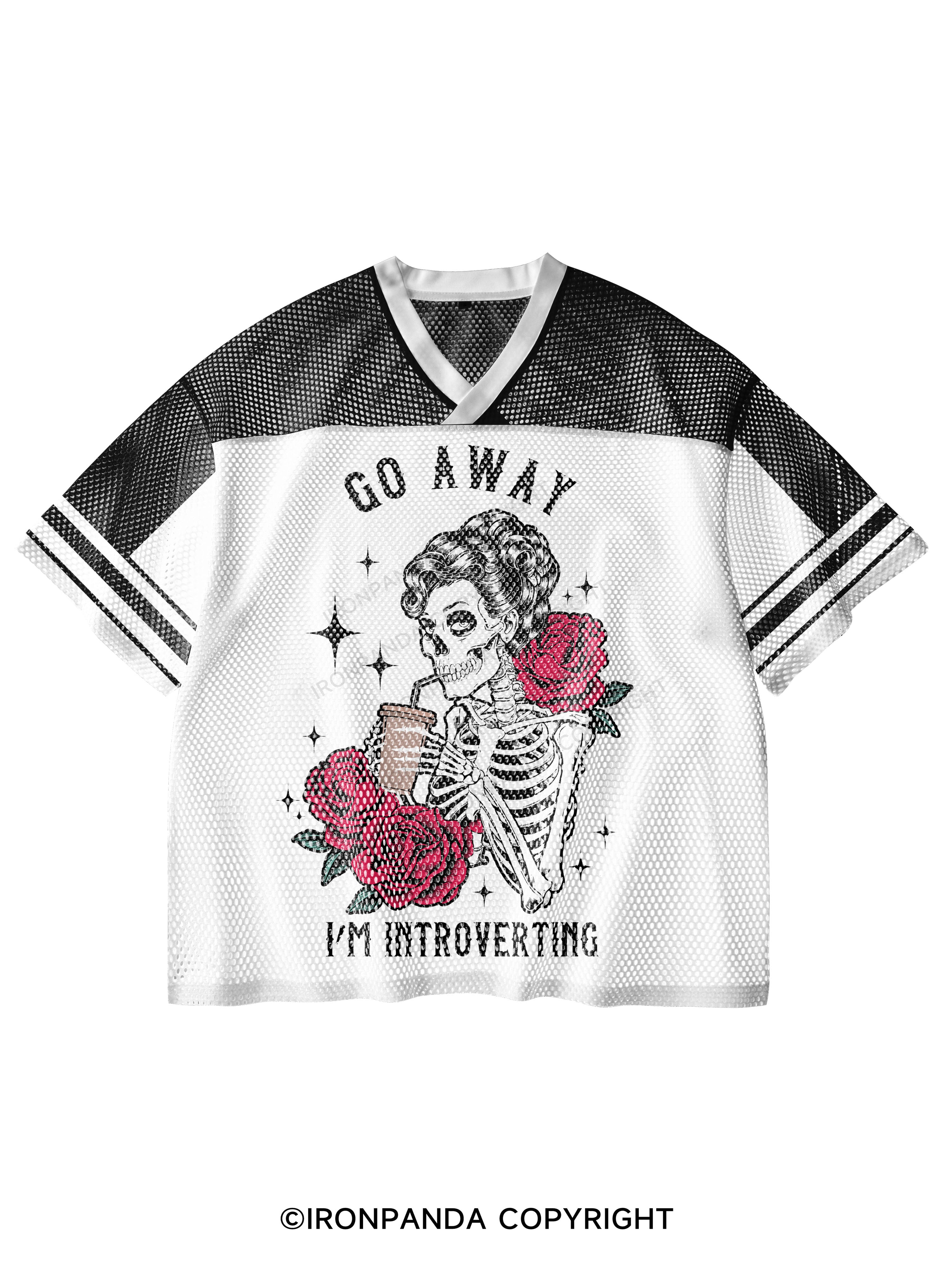 GO AWAY I'M INTROVERTING V-Neck Open Hole Mesh Top