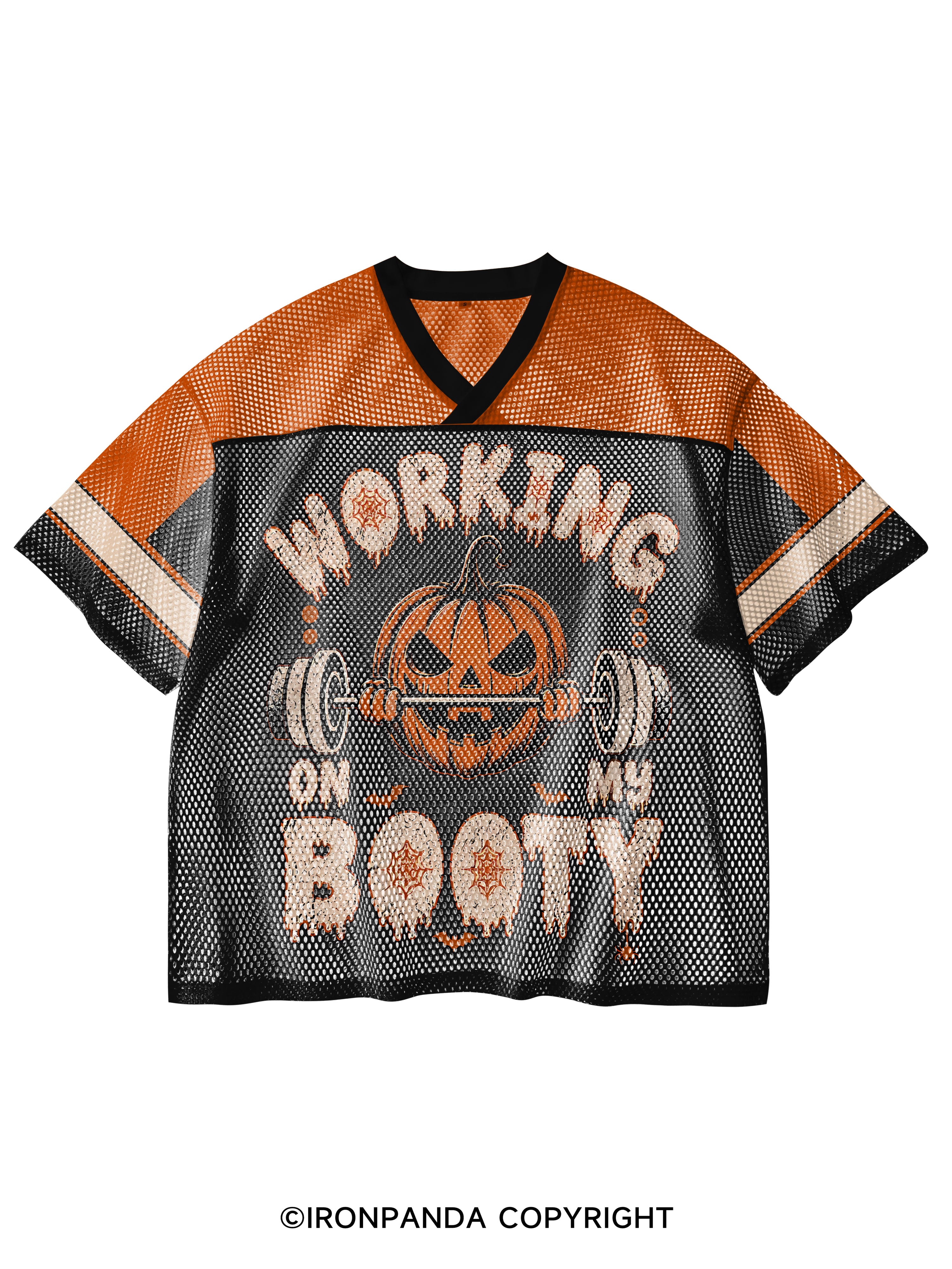 WORKING ON MY BOOTY FUNNY HALLOWEEN PUMPKIN V-Neck Open Hole Mesh Top