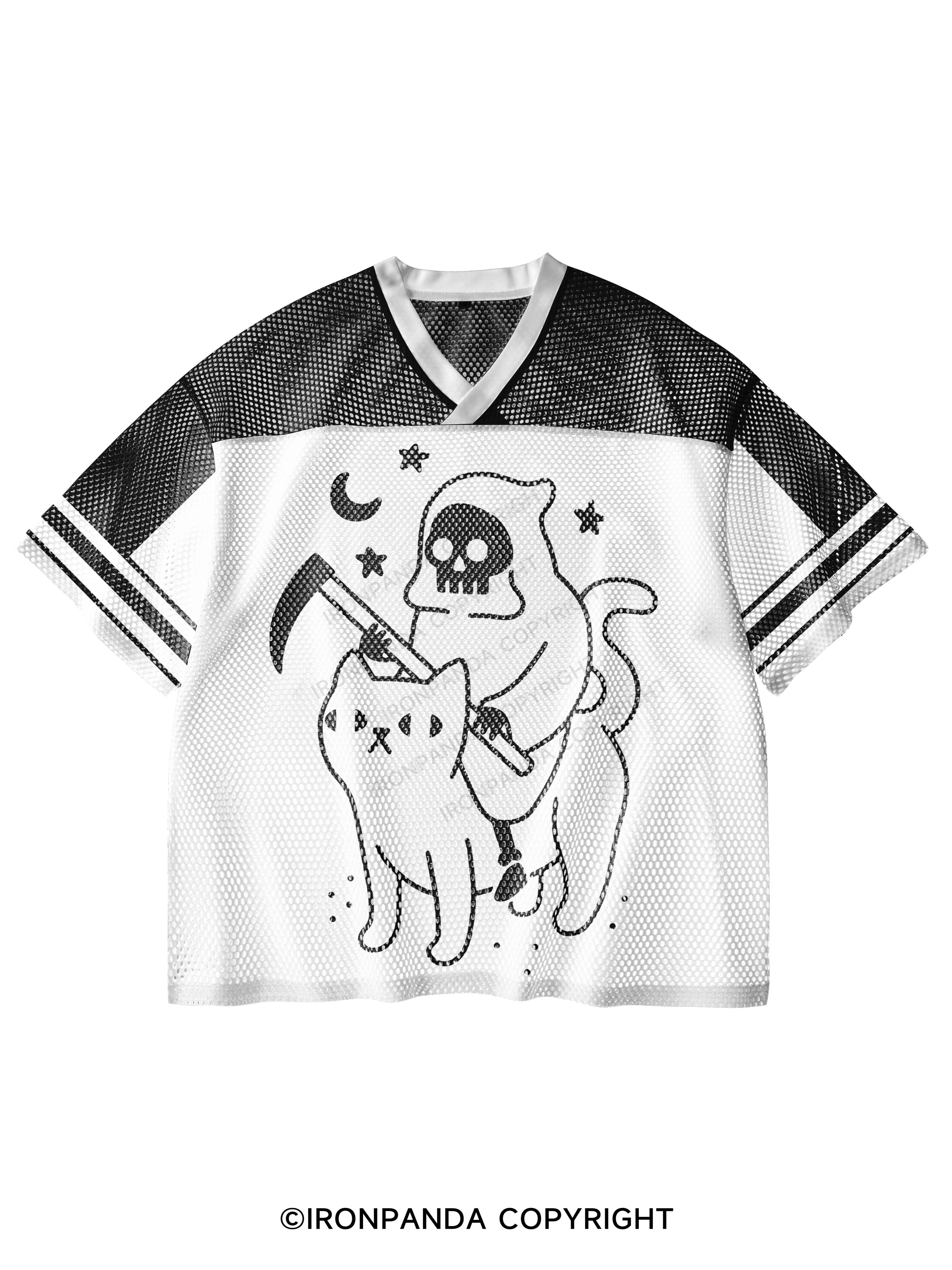 GRIM REAPER RIDING A CAT V-Neck Open Hole Mesh Top