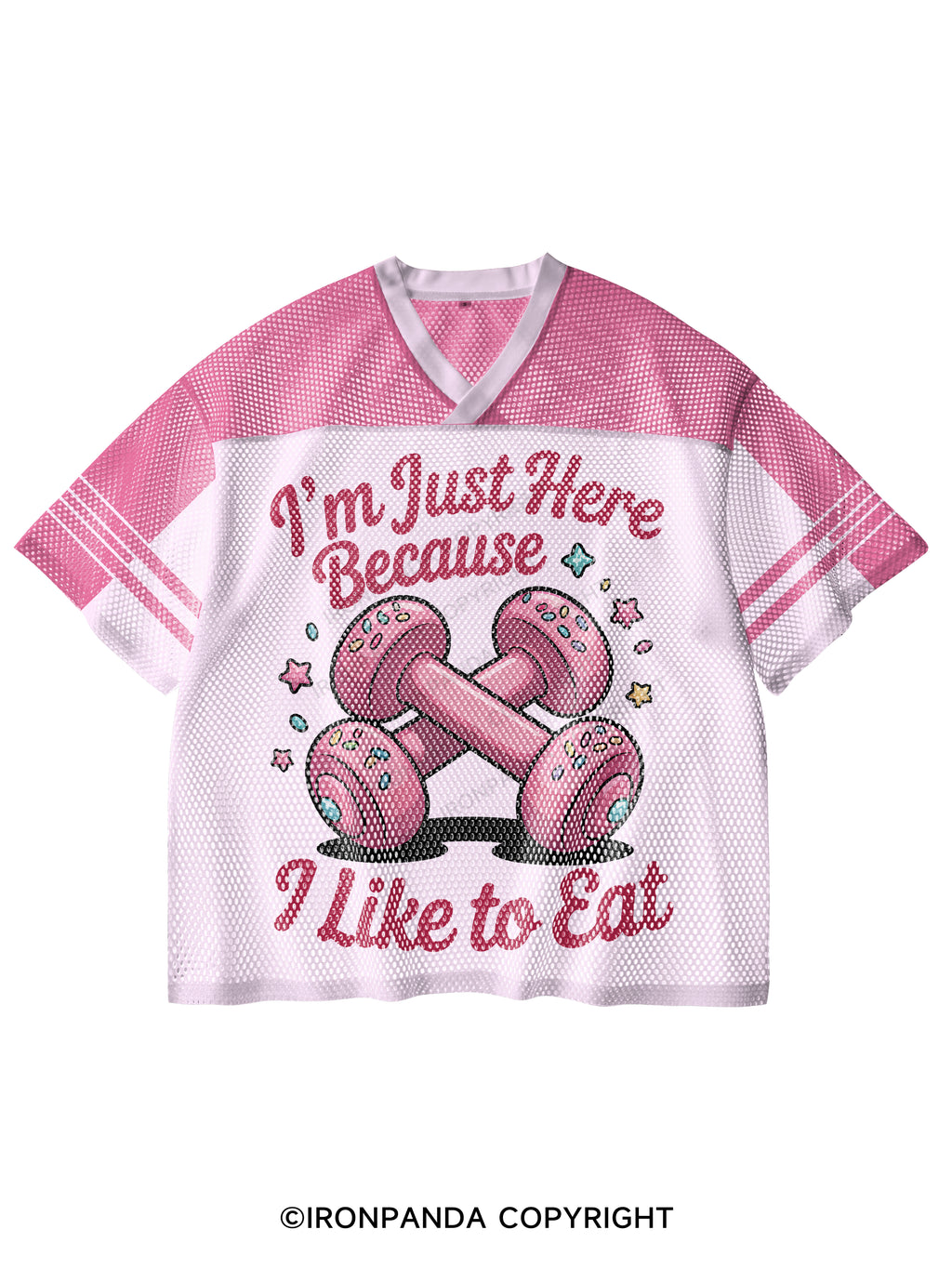 I'M JUST HERE BECAUSE I LIKE TO EAT V-Neck Open Hole Mesh Top