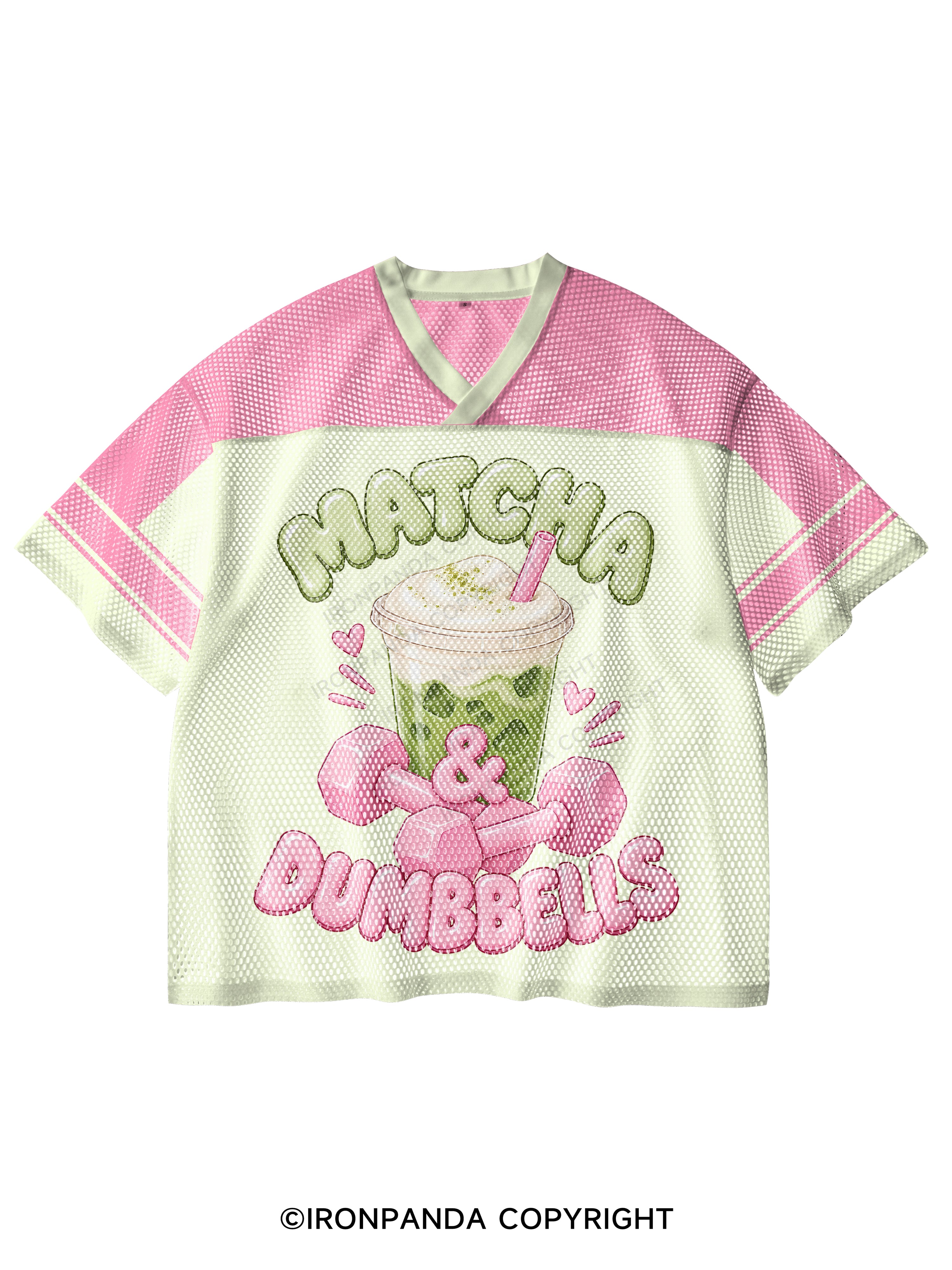MATCHA & DUMBBELLS MATCHA GYM LOVER V-Neck Open Hole Mesh Top