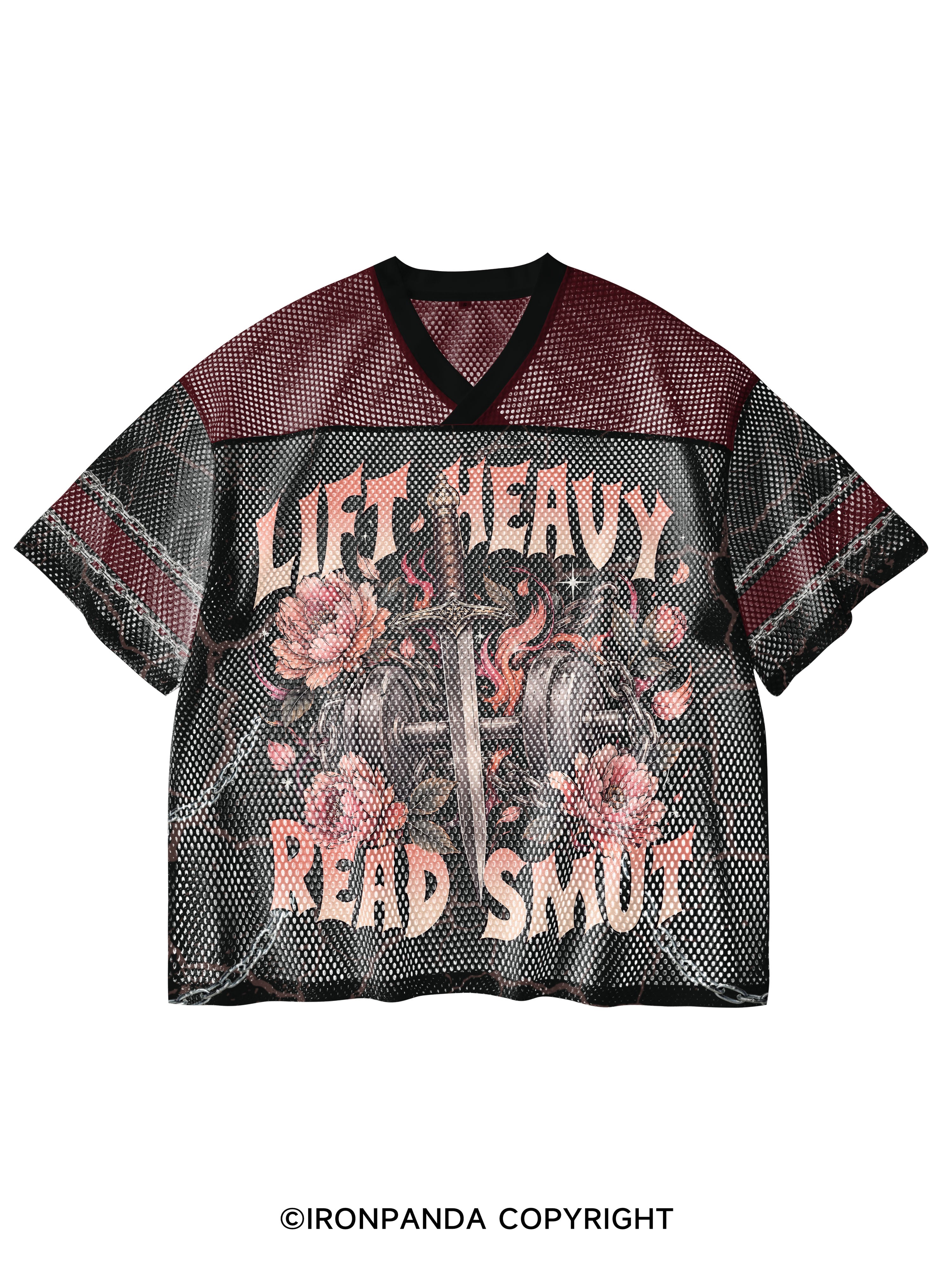 LIFT HEAVY READ SMUT V-Neck Open Hole Mesh Top