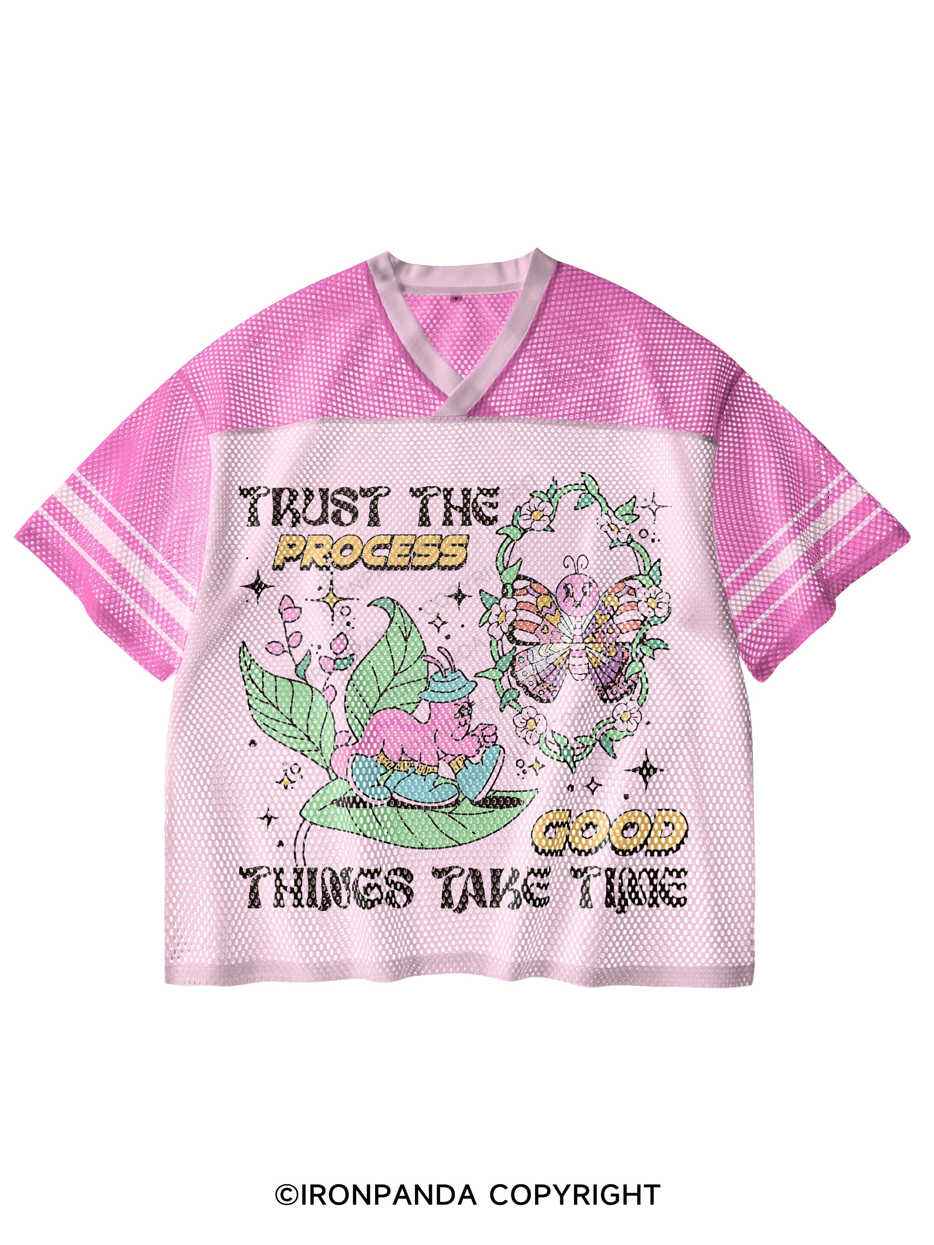 Trust the Process Good Things Take Time V-Neck Open Hole Mesh Top