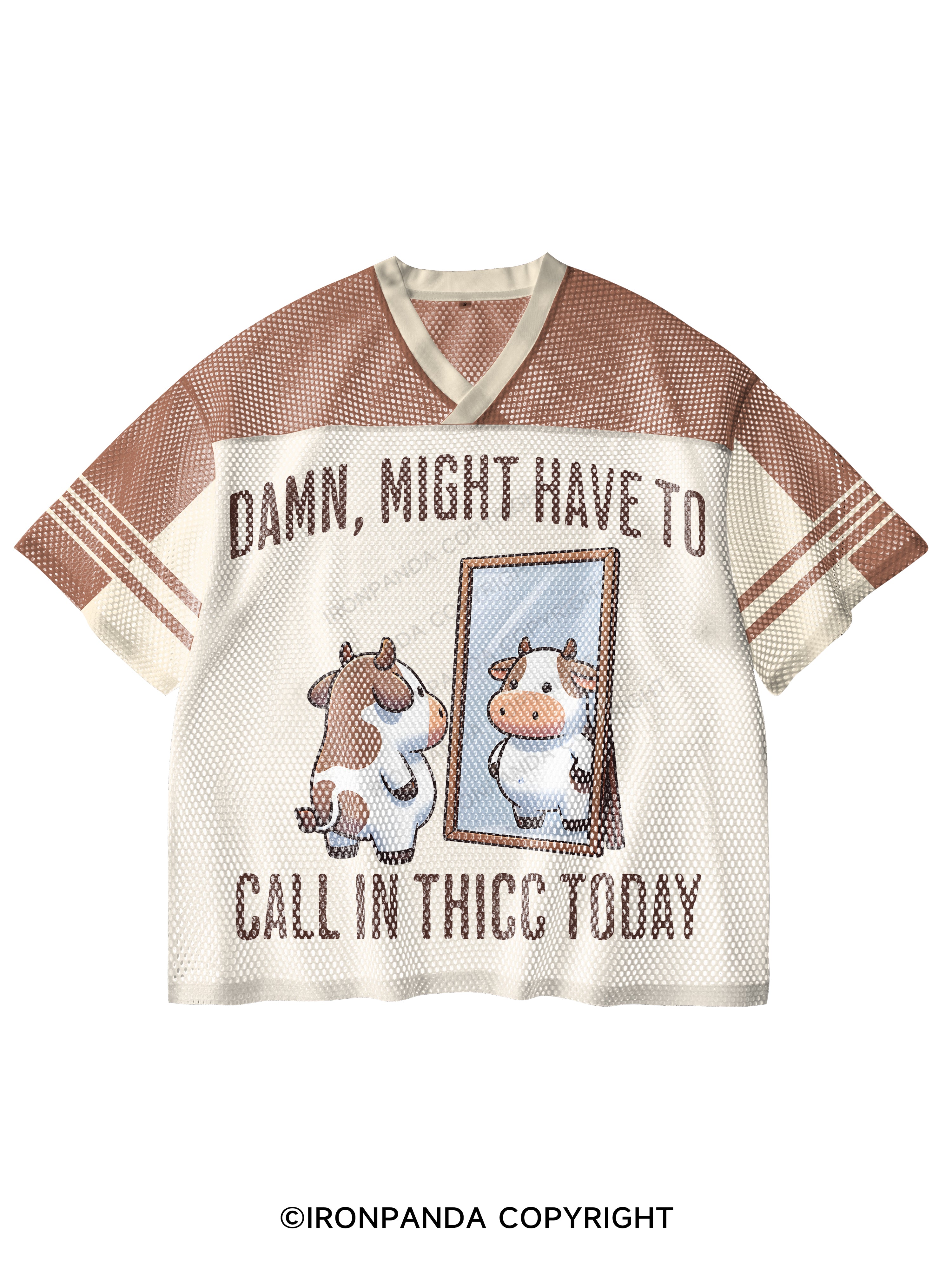 DAMN, MIGHT HAVE TO CALL IN THICC TODAY COW V-Neck Open Hole Mesh Top