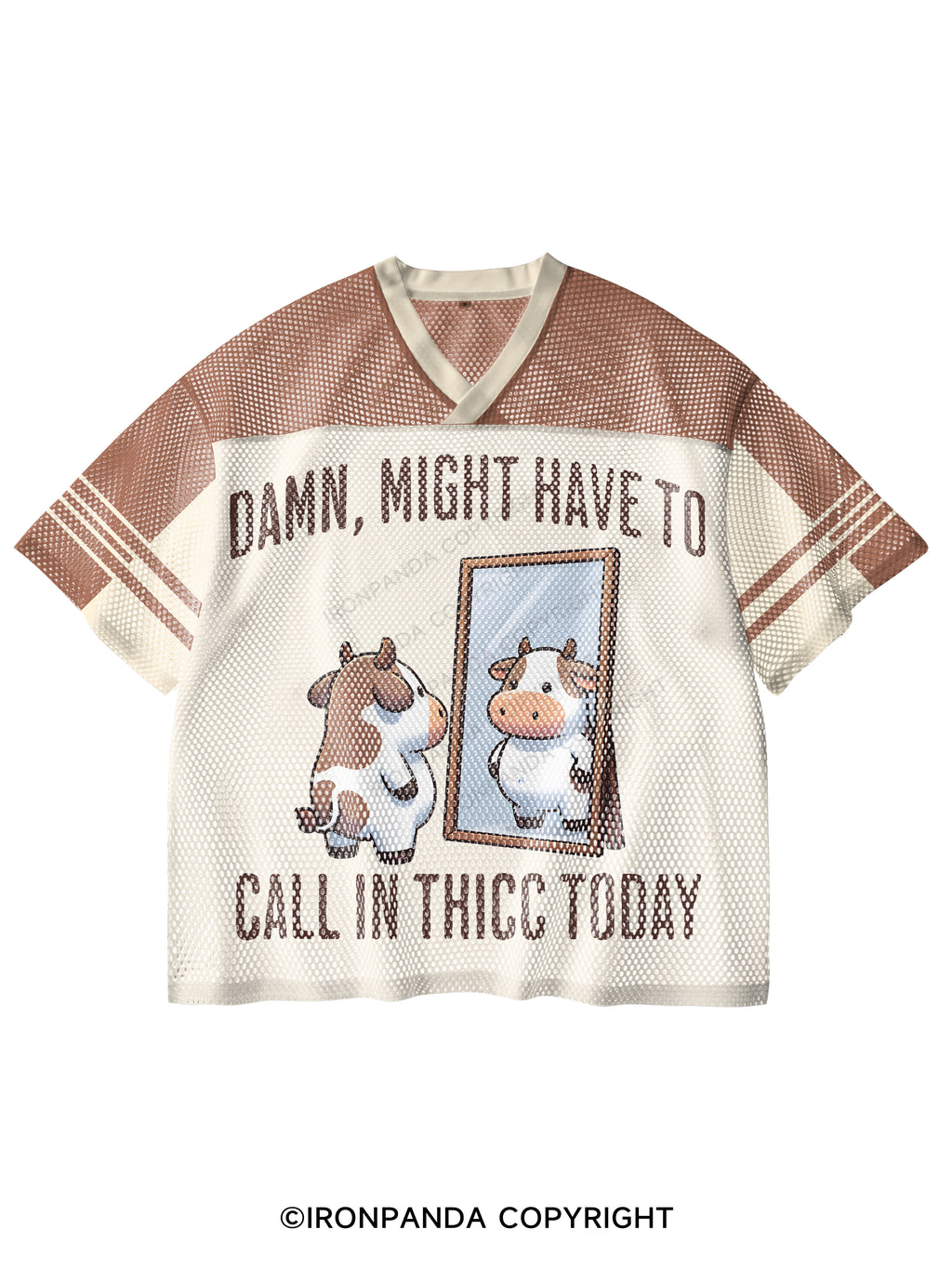 DAMN, MIGHT HAVE TO CALL IN THICC TODAY COW V-Neck Open Hole Mesh Top