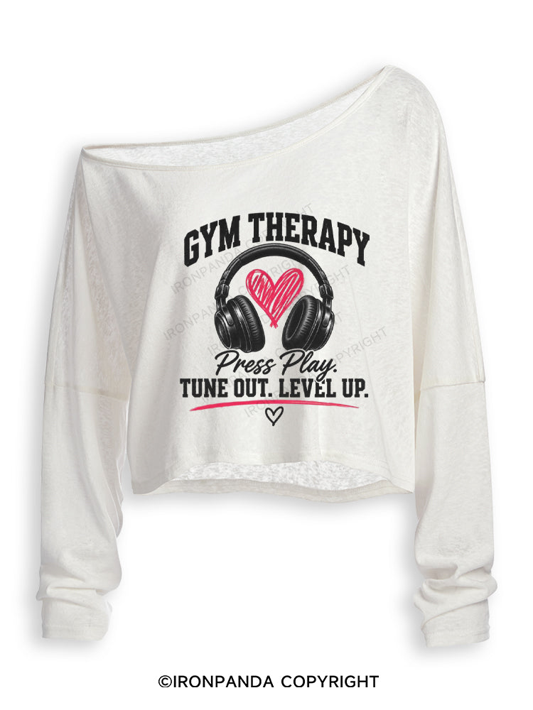 GYM THERAPY Press Play TUNE OUT LEVEL UP Off Shoulder Long Sleeve Crop Top