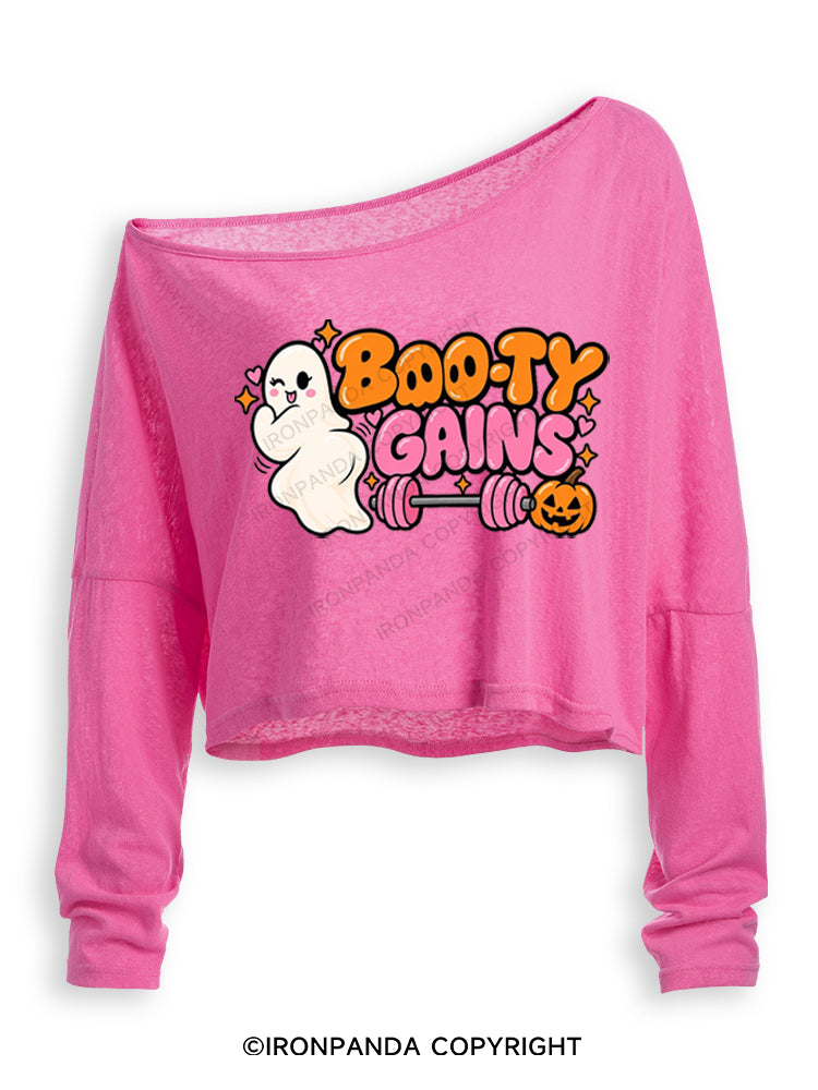 BOO-TY GAINS CUTE GHOST HALLOWEEN Off Shoulder Long Sleeve Crop Top