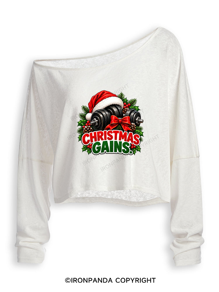 CHRISTMAS GAINS MERRY LIFTMAS Off Shoulder Long Sleeve Crop Top