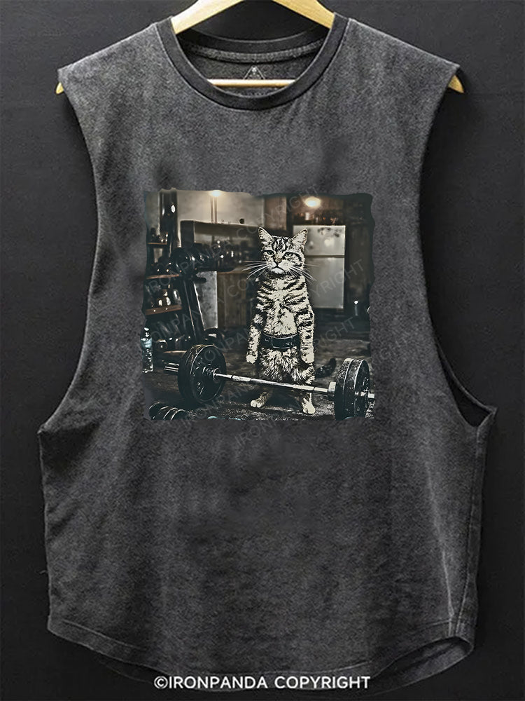 Vintage Weightlifting Cat Gym Deadlift Fitness Animal Meme Scoop Bottom Cotton Tank