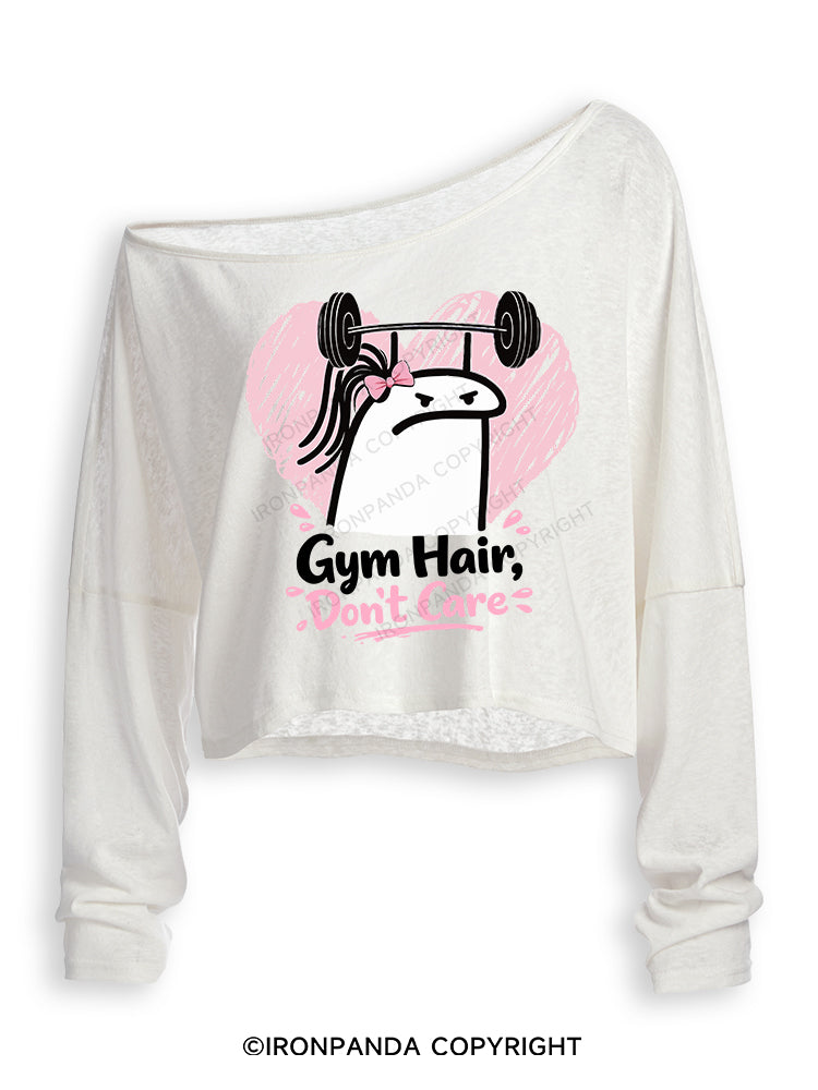 Gym Hair Don't Care Funny Gym Off Shoulder Long Sleeve Crop Top