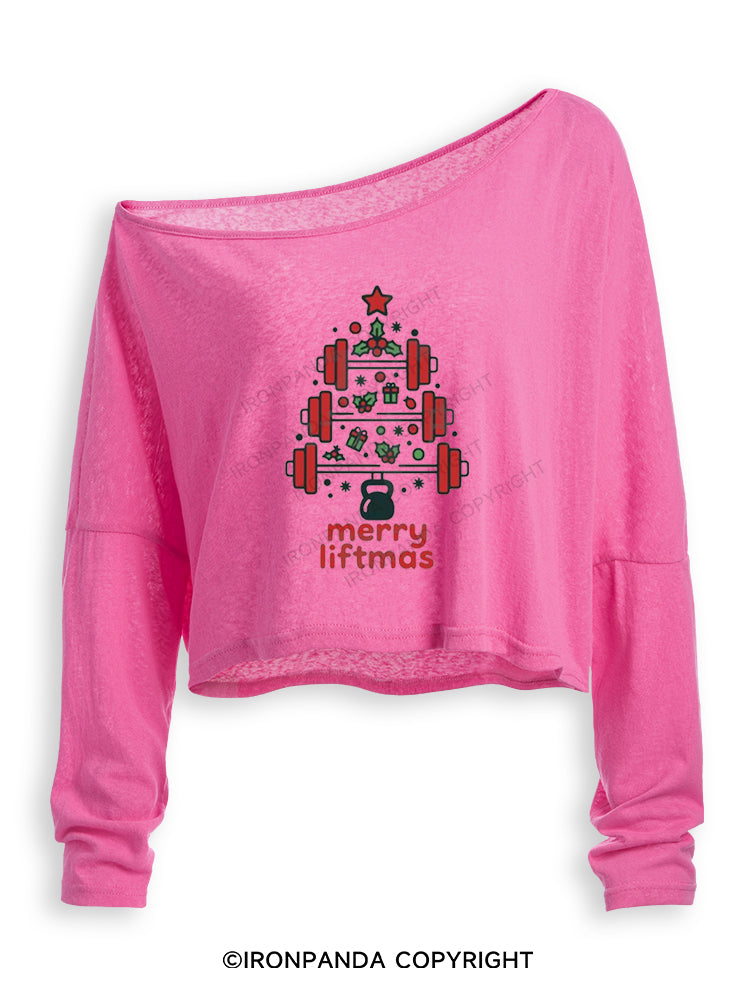 MERRY LIFTMAS FITNESS CHRISTMAS TREE Off Shoulder Long Sleeve Crop Top