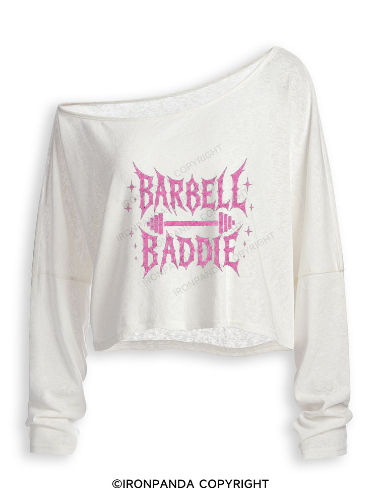 Barbell Baddie Fitness Weightlifting Off Shoulder Long Sleeve Crop Top