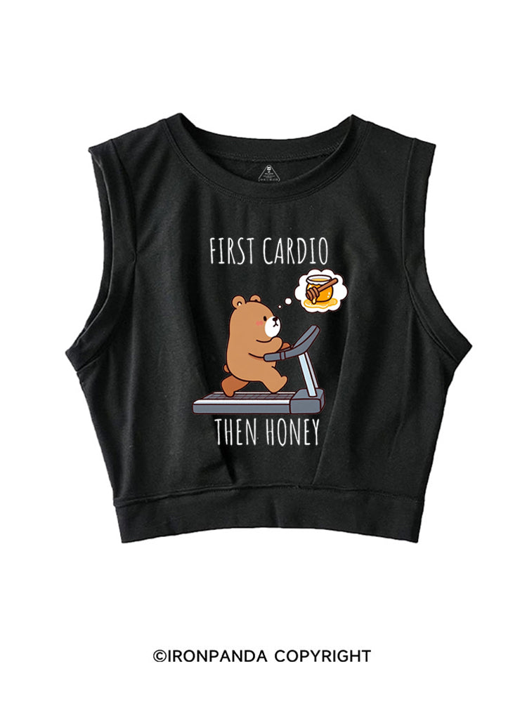 FIRST CARDIO THEN HONEY SLEEVELESS CROP TOPS
