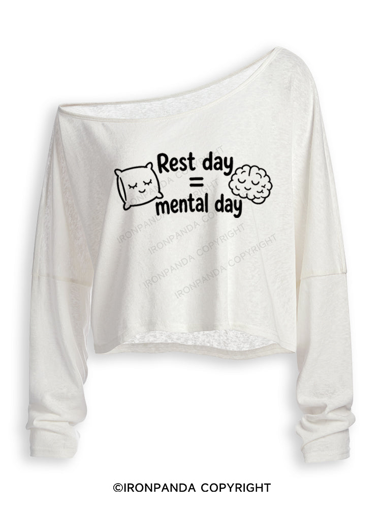Rest day = mental day Off Shoulder Long Sleeve Crop Top