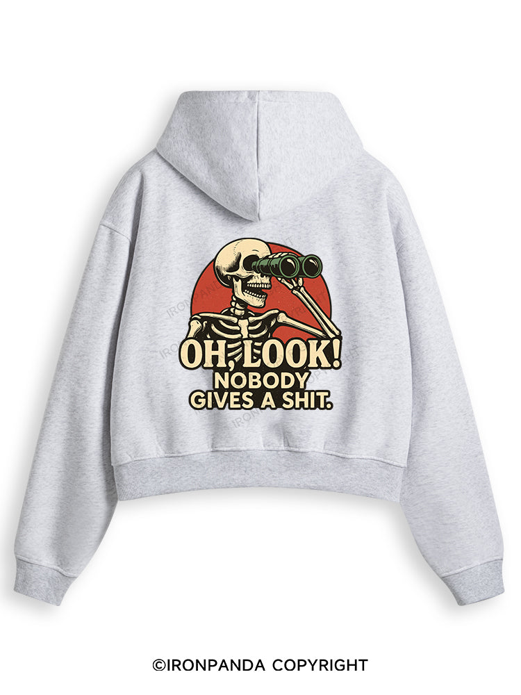 OH, LOOK! NOBODY GIVES A SHIT Fleece Crop Zip Up Hoodie