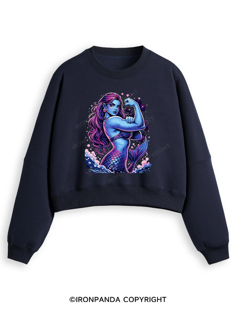 STRONG MERMAID SHOWS OFF BICEPS Fleece Crop Sweatshirt