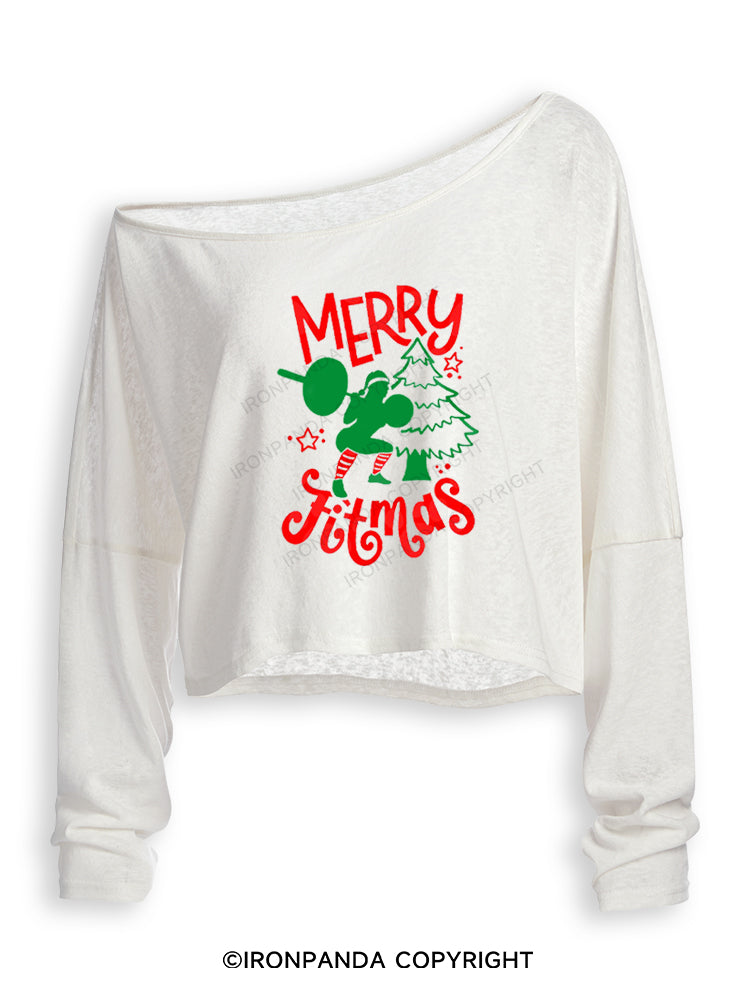 MERRY FITMAS FUNNY STRONG CHRISTMAS Off Shoulder Long Sleeve Crop Top