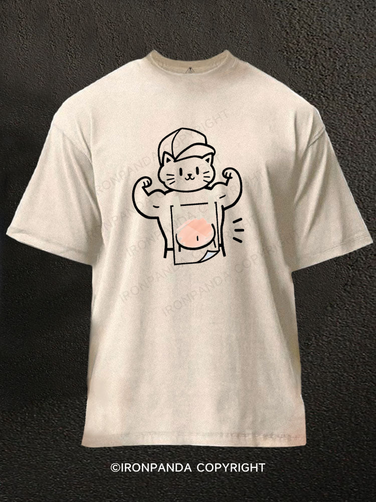 Muscle Cat Funny Washed Gym Shirt