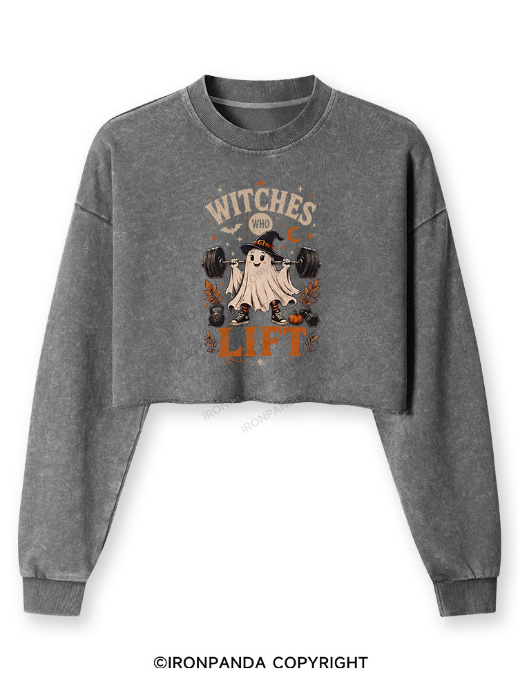 WITCHES WHO LIFT GHOST HALLOWEEN Washed Long-Sleeve Crop Top