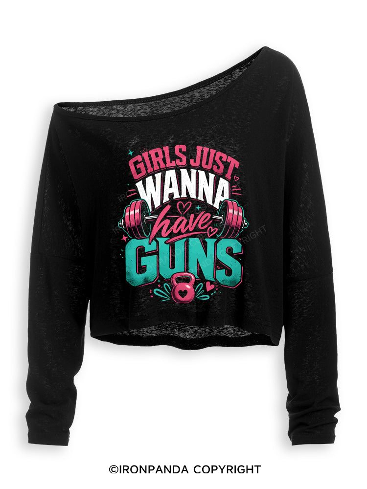 GIRLS JUST WANNA HAVE GUNS WORKOUT Off Shoulder Long Sleeve Crop Top