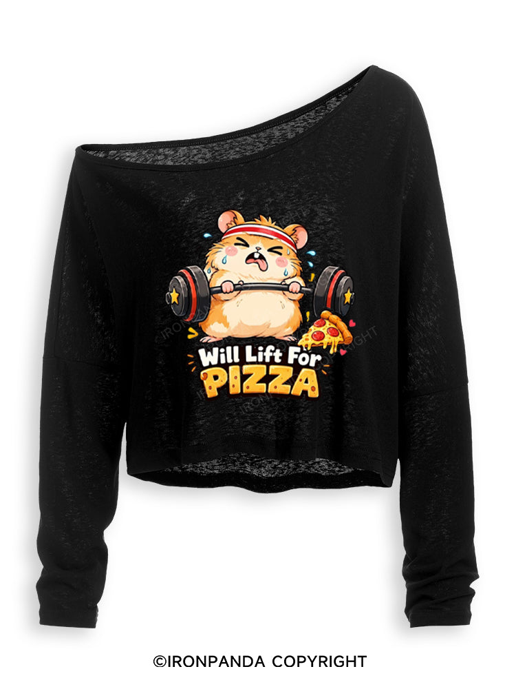 Will Lift For Pizza Funny Off Shoulder Long Sleeve Crop Top
