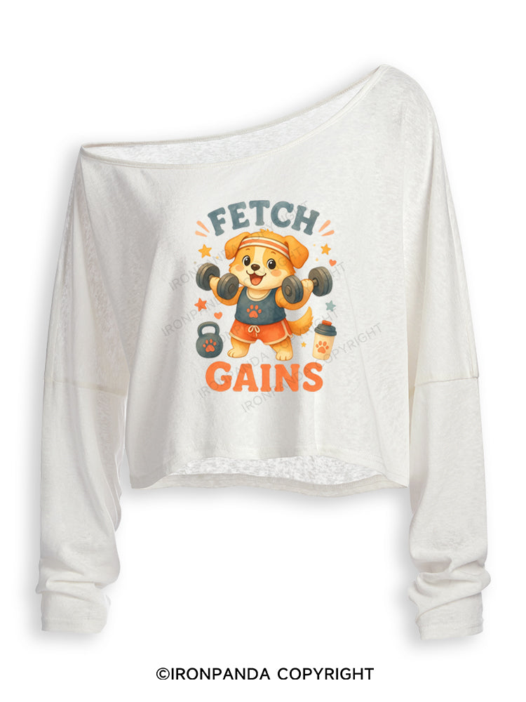 FETCH GAINS GYM DOG Off Shoulder Long Sleeve Crop Top