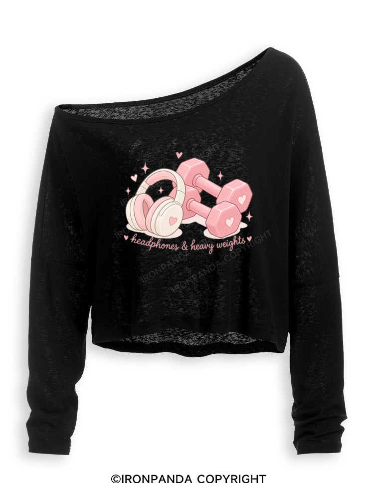 HEADPHONES & HEAVY WEIGHTS Off Shoulder Long Sleeve Crop Top