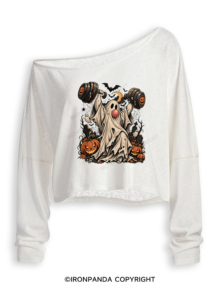 VINTAGE GHOST GYM WEIGHTLIFTING Off Shoulder Long Sleeve Crop Top