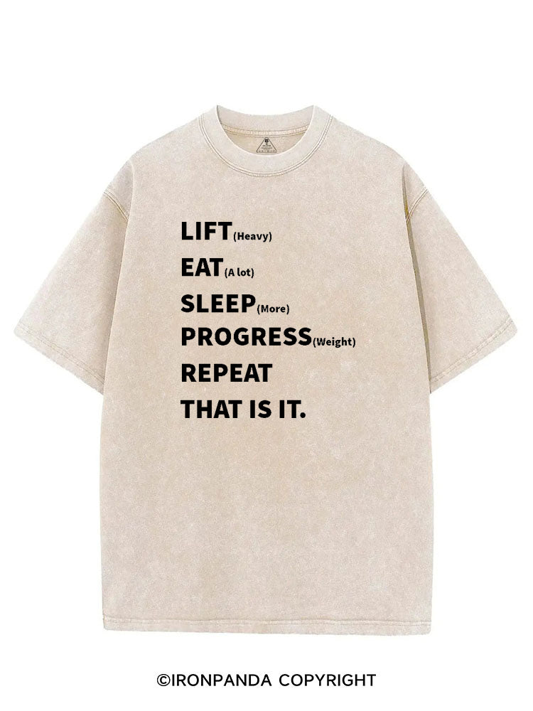 LIFT (HEAVY) EAT (A LOT) SLEEP (MORE) PROGRESS (WEIGHT) REPEAT THAT IS IT VINTAGE GYM SHIRT