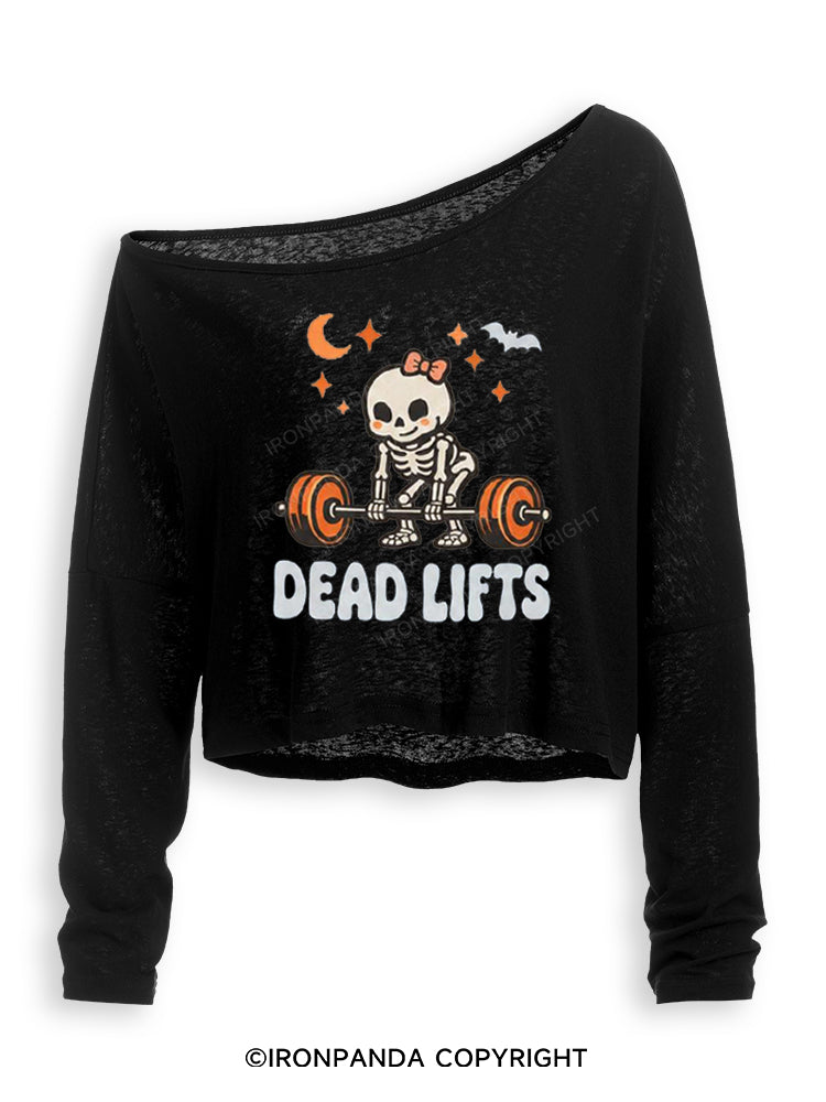 DEAD LIFTS SKELETON HALLOWEEN Off Shoulder Long Sleeve Crop Top